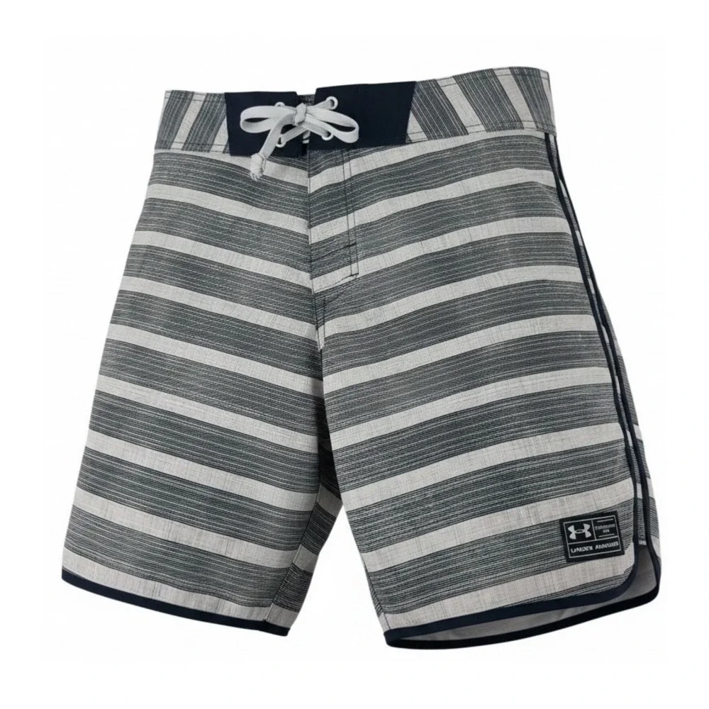 Under Armour HeatGear Mens Striped Board Shorts Grey White Swim Trunks Size 34